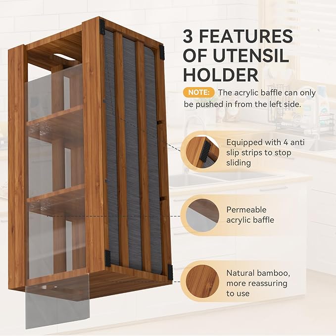 Yofidra Bamboo Utensil Holder & Silverware Organizer: Extra Large Cooking Holder with Absorbing Drying Stone and 6 Compartments Kitchen Countertop Storage Farmhouse Decor Accessories, Brown