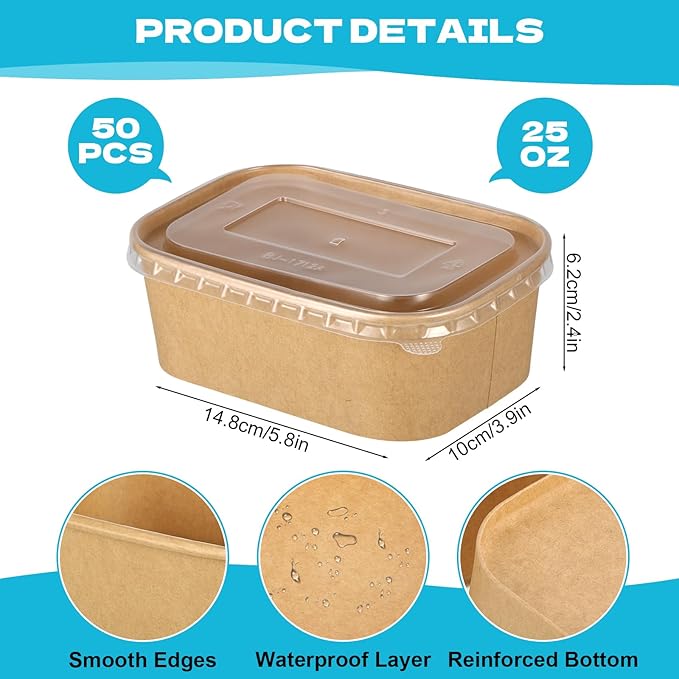 50 Pack 25oz Disposable Kraft Paper Bowls with Lids, Rectangle Meal Prep Containers Bulk, Large Paper Salad Bowl, Leakproof Food Containers Treat Soup Serving Bowls, Microwave Safe for Hot/Cold Food