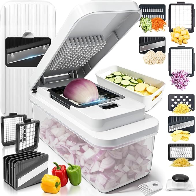 14-In-1 Chopper Vegetable Cutter with 7 Blades, Vegetable Chopper with Container and Lid, Mandoline Slicer for Kitchen, Veggie Slicer for Salad, Cheese Grater, Kitchen Gadgets Accessories Essentials