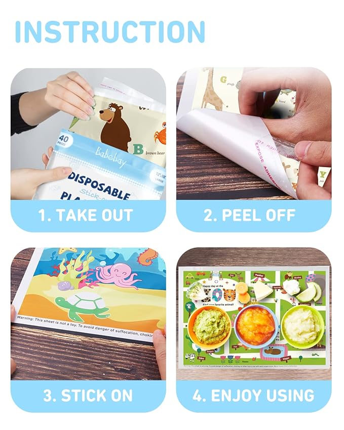 Babebay Disposable Placemats for Baby, 40 Pack Sticky Toddler Placemat for Restaurants, Dining Table, Party, Travel, 12" x 18" with 3 Designs