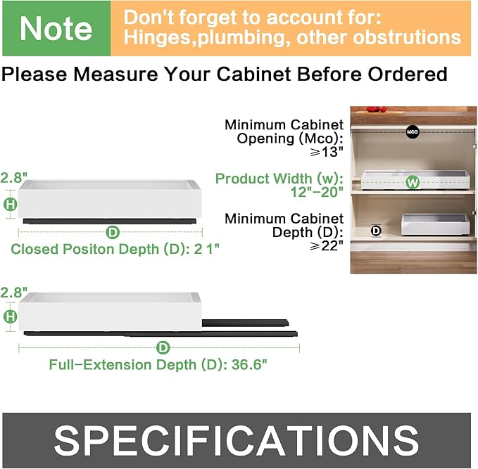 Pull out Cabinet Organizer,Extendable (12"-20") Heavy-Duty Pull-Out Drawers – Secured with Nano Adhesive Tape, Ideal for Cookware Storage, for Kitchen Base Cabinets (21" Dx12-20" W(1 Pack))