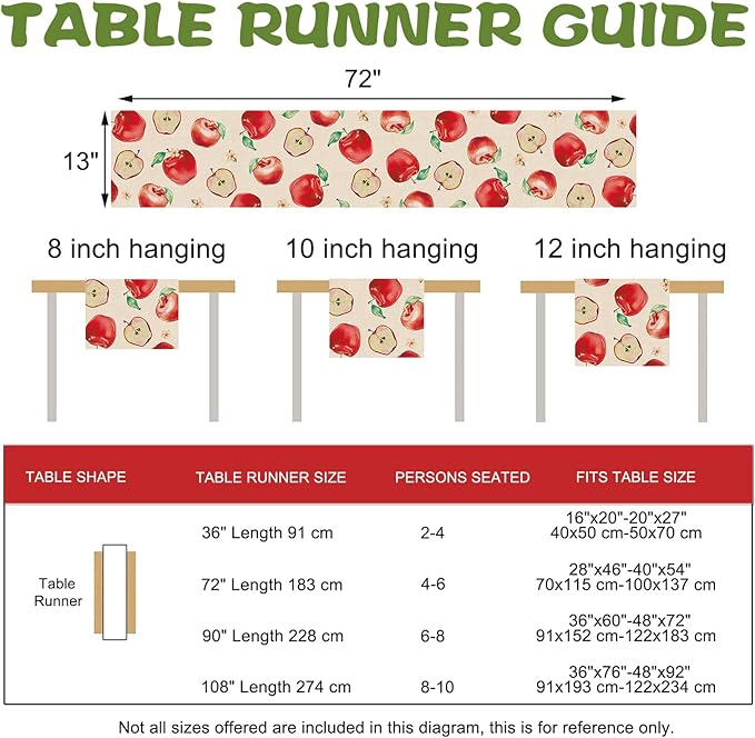 Watercolor Apples Table Runner, Sweet Fruit Kitchen Dining Table Decoration, Spring Summer Burlap Indoor Outdoor Home Decor Party Supply 13 x 72 Inches