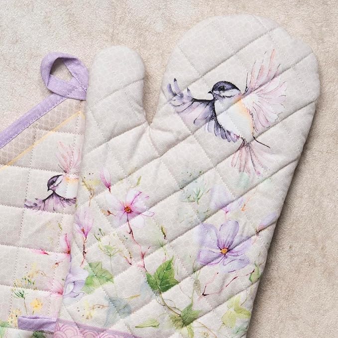 Maison d' Hermine 100% Cotton Oven Mitt & Pot Holder Set (7.5"x13" & 8"x8") Heat Resistant BBQ Cooking Gloves with Loop Grilling Kitchen Gifts for Mothers Day Spring/Summer (Magnolia Mornings)