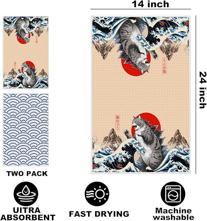 Jztco 2 Pcs Funny Japanese Cat Kitchen Towels, Japanese Wave Seamless Pattern Absorbent Microfiber Dish Cloth Tea Towel, Vintage Waffle Hand Towels for Farmhouse Home Bathroom, Cat Lover Gifts