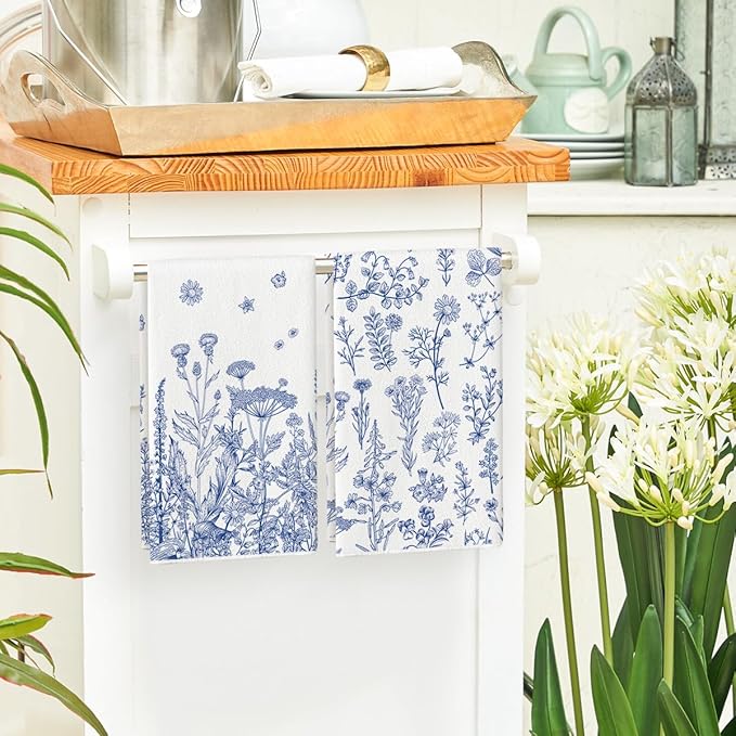 Artoid Mode Blue Antique Herbs Wild Flowers Leaves Spring Kitchen Towels Dish Towels, 18x26 Inch Seasonal Decoration Hand Towels Set of 2