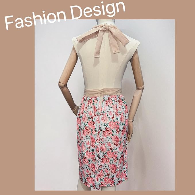 Cute Floral Aprons for Women with Pockets,Cotton Adjustable Neck Strap Apron for Kitchen Cooking Baking Gardening