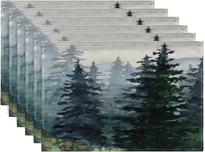 Ansouyi Placemats Set of 6, Green Watercolor Landscape Pine Forest Washable Heat Resistant Linen Table Mats, Kitchen Decor Non-Slip Place Mats for Party Dining, 12x18 Inch