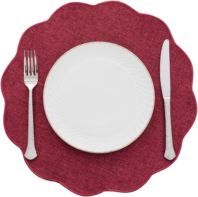 SHACOS Scalloped Round Placemats Set of 6 Polyester Linen Blend 15 inch Washable Non Slip Place Mats Easy Clean Heat Resistant Table Mats for Kitchen Dining Table Decor, Red