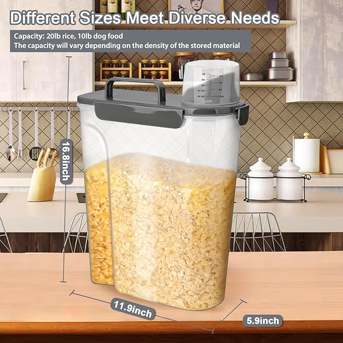 Komzon Rice Storage Containers, Rice dispenser with Pouring Spout Portable Handle for Flour, Pasta, Grain and Baking, Pet Dog Cat Bird Food Container 20 LB Grey