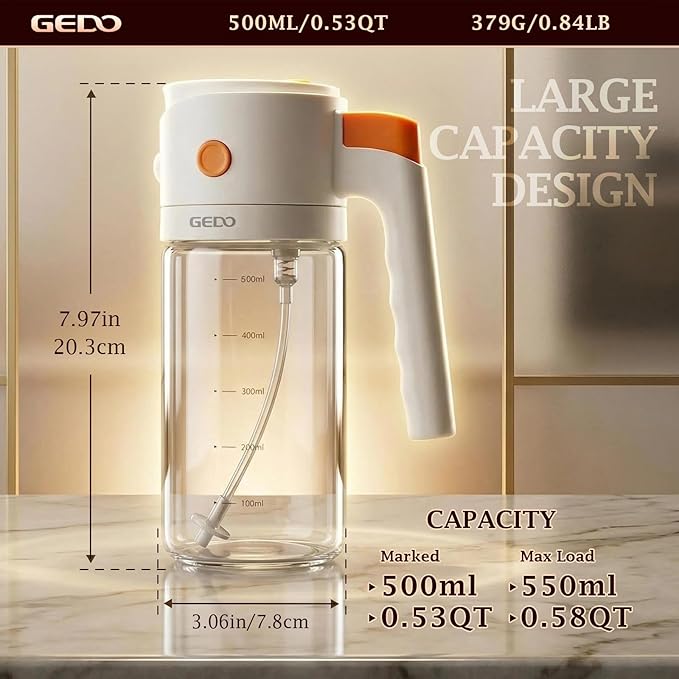 GEDO 2-in-1 Oil Sprayer & Dispenser, Borosilicate Glass Oil Bottle with Auto Open/Close Lid, One-Press Refill & Ergonomic Handle, Mist & Pour for Cooking, Salad, Air Fryer, BBQ