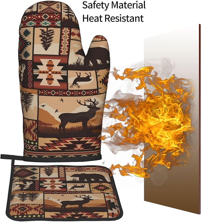 3 - Piece Brown Rustic Wildlife Oven Mitts & Pot Holders Sets, Cute Decorative Heat Resistant Kitchen Gloves and Hot Pad for Cooking Baking BBQ, Gifts for Outdoor Nature Lovers Baker Camper Stuff