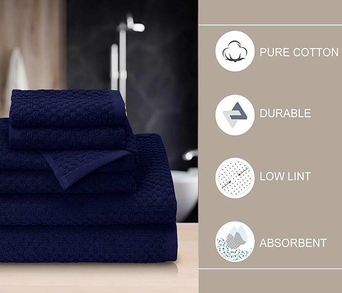 COTTON CRAFT Waffle 6 Piece Towel Set - 100% Cotton - 2 Oversized Luxurious Euro Spa Waffle Weave Large Bath Towels, 2 Hand Towels, 2 Washcloths - Absorbent Quick Dry Hotel Bathroom Shower - Navy
