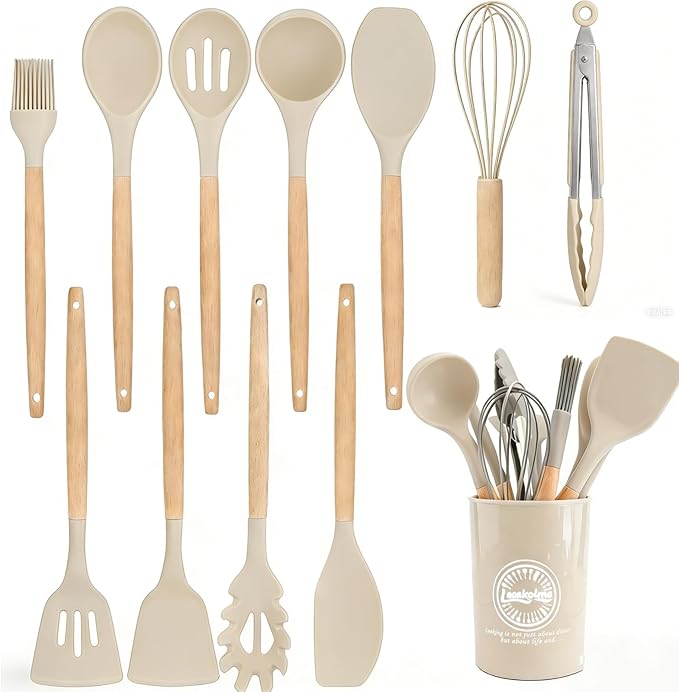 Silicone Cooking Utensil Set,12 PCS Cooking Kitchen Utensils Set, Nonstick Kitchen Utensils 446°F Heat-Resistant Cookware Kitchen Tools of Spoon,Brush,Whisk,Spatula,Turner Tongs (Khaki)