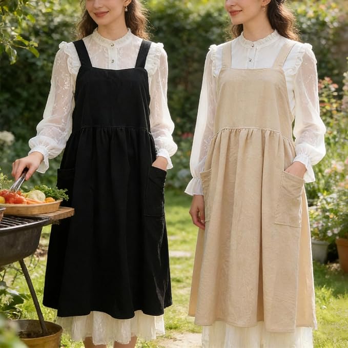 Uaussi Cotton Linen Apron Cross Back Work Apron for Women with Pockets Pinafore Dress X Cross Halter Apron for Chef Gardening