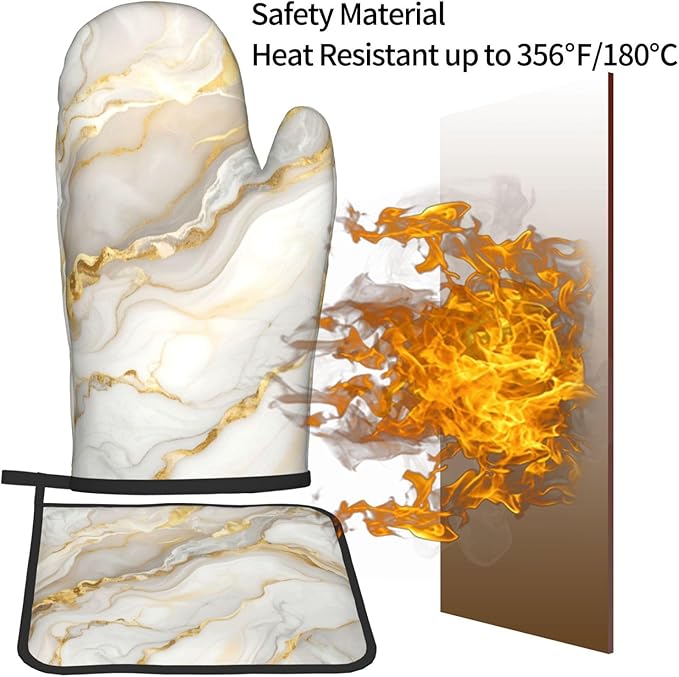 White Gold Marble Oven Mitts and Pot Holders Gold Veins Heat Resistant Oven Mitts Safe for Baking Cooking BBQ
