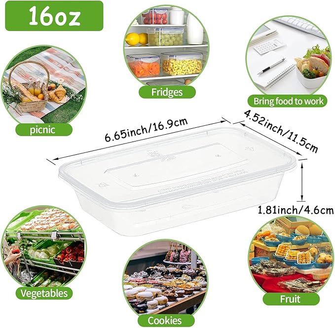 Ensbelei 16oz Disposable Food Storage Containers with Airtight Lids, 50Pcs Reusable Deli Meal Prep Containers, Leakproof, Microwaveable, Dishwasher & Freezer Safe