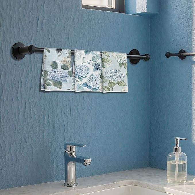 3 Pcs Blue Hydrangea Kitchen Towels, Watercolor Decorative Absorbent Microfiber Dish Cloth Tea Towel, Rustic Waffle Soft Hand Towels for Farmhouse Home Bathroom, Housewarming Gifts