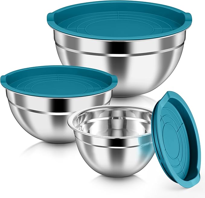 HaWare Mixing Bowls with Airtight Lids, 6-Piece Stainless Steel Salad Bowls, Strong Nesting Bowls for Cooking, Prepping, Baking, Serving & Food Storage, Stackable Design, Size 4.6, 3, 1.5QT, Teal Blue