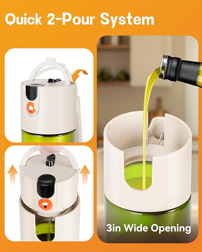 OURCABECUE Upgrade 2 in 1 Oil Sprayer for Cooking, 17oz Light-Blocking Glass Olive Oil Dispenser Bottle for Kitchen,Food-Grade Oil Mister with 8 Stickers for Salad, Frying (Green Bottle-White Gap)
