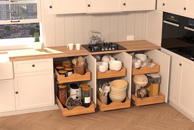 OCG Pull Out Drawers For Cabinets 14"W x 21"D, 2 Tier Heavy-Duty Slide out Wood Drawer Shelf, Pull Out Drawer for Cabinets, Base Cabinet Organization for Kitchen, Pantry, Bathroom