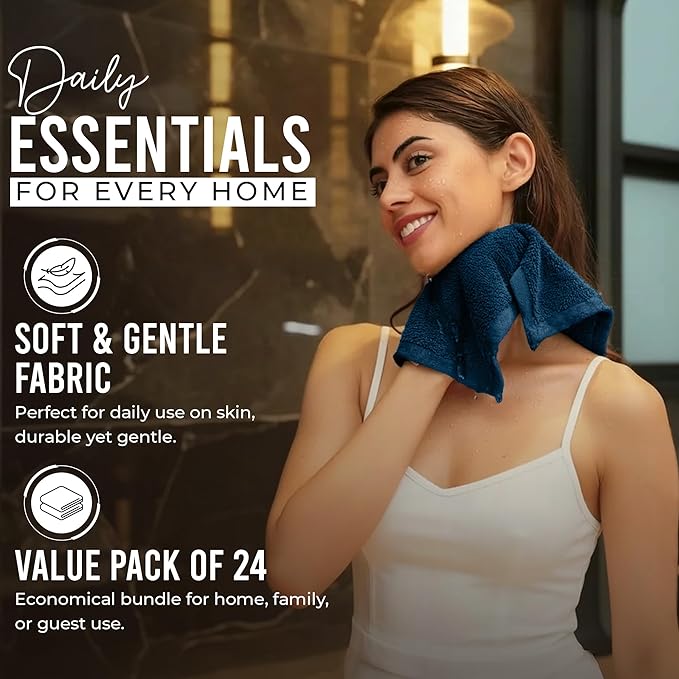 RIVERSIDE Pack of 24 Wash Cloths for Showering, 12 x 12 Inches, Super Soft & Absorbent, 100% Cotton Washcloths Premium Quality Flannel Face Cloths for Bathroom, Gym, Spa (Navy Blue, 24 Pack)