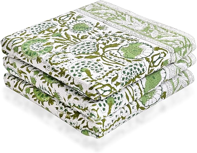 CPC Agate Green Hand Block Print Waffle Kitchen Towel Set of 3-16 x 28 Inch Ultra Absorbent Quick Dry Cotton Dish Towels Lightweight Reusable Sustainable Tea Towels for Cleaning and Drying