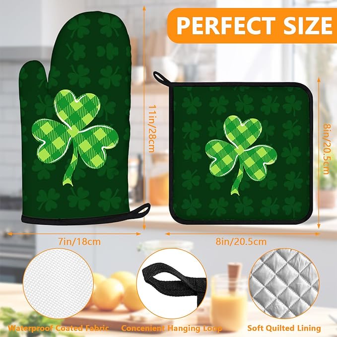 Green Clover Oven Mitts and Pot Holders Sets 4Pcs,Extra Long Oven Gloves Potholder for Kitchen Cooking Baking BBQ 100% Cotton Heat Resistant(St. Patrick's Day)
