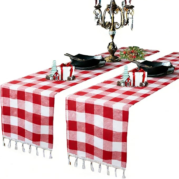 DUOBAO Buffalo Plaid Table Runner with Tassels 2pcs 14x108-Inch Red and White Farmhouse Decoration Checker Tables-Runners Farmhouse Decor(14x108-Inches)