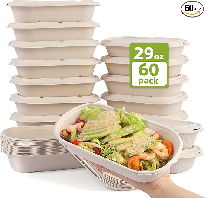 60Pcs(29oz) Disposable Meal Prep Lunch Food Takeout Salads Sandwiches Bowls Containers with Lids,Compostable Biodegradable to go Food Microwavable Freezer Safe Containers for Party Camp out.