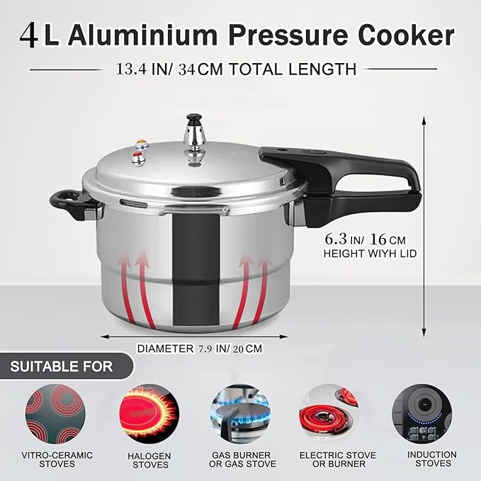 Small Pressure Cooker 4 Quart，Aluminum Pressure Cooker Compatible with Gas & Induction Cooker Fast Cooking Pot Even Heat Distribution for 2-3 People