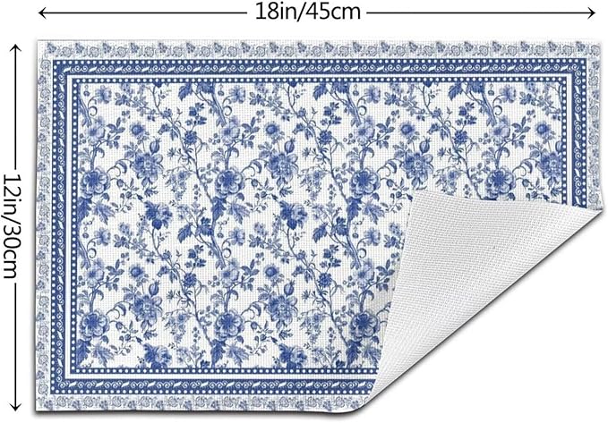 Floral Placemats 12x18 Inch Set of 4, Flower Print Linen Table Place Mat Neutral Vintage Decoration Washable Table Mats Blue Floral Decorative Linen Fabric Table Mat for Dining Table