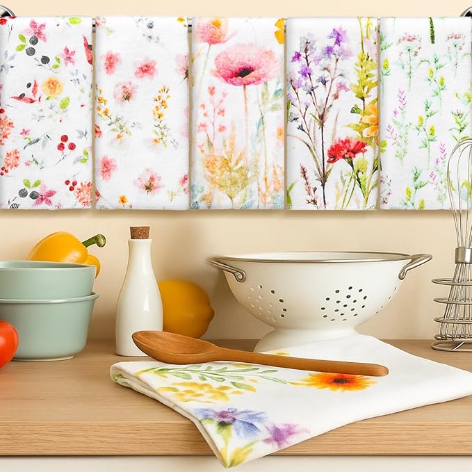 6 Pack Reusable Cleaning Cloths Washable Cotton Kitchen Dish Towels for Home Party Supplies Bulk, 9.84x11.81in (Wildflowers)