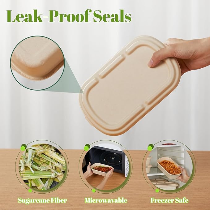 [100% Eco-Friendly] Disposable Food Containers with Lids – Sugarcane Pulp Take Out Boxes, Biodegradable, Compostable, Microwave Safe Lunch Containers – Pack of 50 (24 OZ)