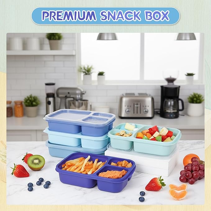Honeydak 5 Pack Snack Containers 3 Compartment Bento Snack Boxes Divided Meal Prep Containers with Lids Reusable Adults Lunch Food Storage Box for School Work Travel(Glacier Color)