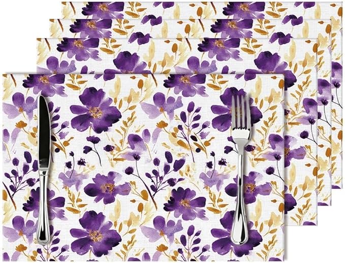 Purple Floral Linen Placemats Set of 4, Gold Accented Flowers Printed Place Mats for Dining Table, Kitchen, Party, Heat Resistant Non-Slip Purple Table Mats, Gift for Wedding, Spring Easter Home Decor
