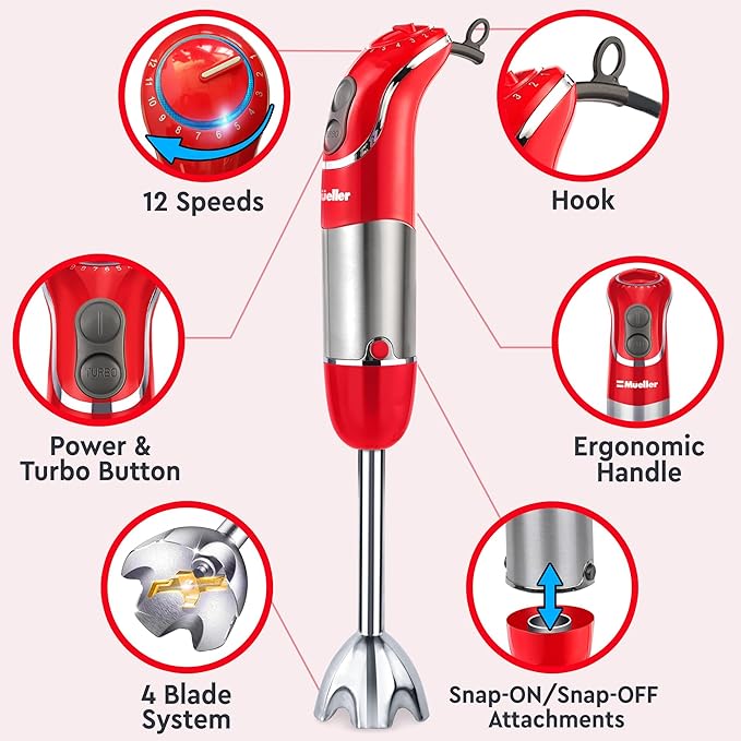 Mueller Multistick 800W 4-in-1 Immersion Blender Handheld, 12 Speed Hand Mixer - Turbo Boost, Heaviest Duty Copper Motor, Titanium Blades Hand Blender, Milk Frother Wand, Whisk, Beaker, Chopper, Red