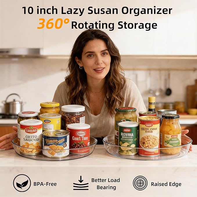 8 Pack Lazy Susan 10 inch Turntable for Spice Organization | Clear BPA-Free Plastic Rotating Organizer for Kitchen Cabinet, Pantry, Countertop, Fridge | 360-Degree Rotating Base