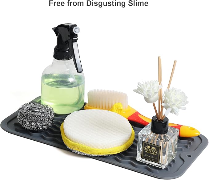 ZLR 2 Pcs Silicone Sponge Holder & Sink Caddy Tray (6" x 12") - Narrow Dish Drying Mat for Kitchen Counter - Waterproof Soap Dispenser Organizer, Non-Slip Bathroom Vanity Tray (Dark Gray)