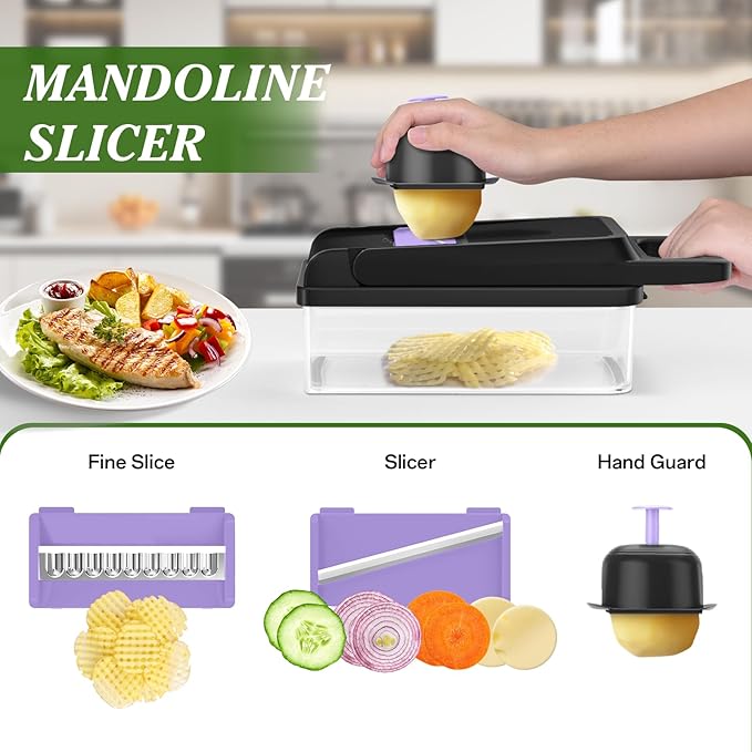 HomeHacks Vegetable Chopper Vegetable Cutter, 15 in 1 Kitchen Gadget, Dicer, Slicer, Onion Cutter, Salad, Cheese Grater & Egg Separator - Multi-Functional Veggie Chopper Lid with Handle (Purple)