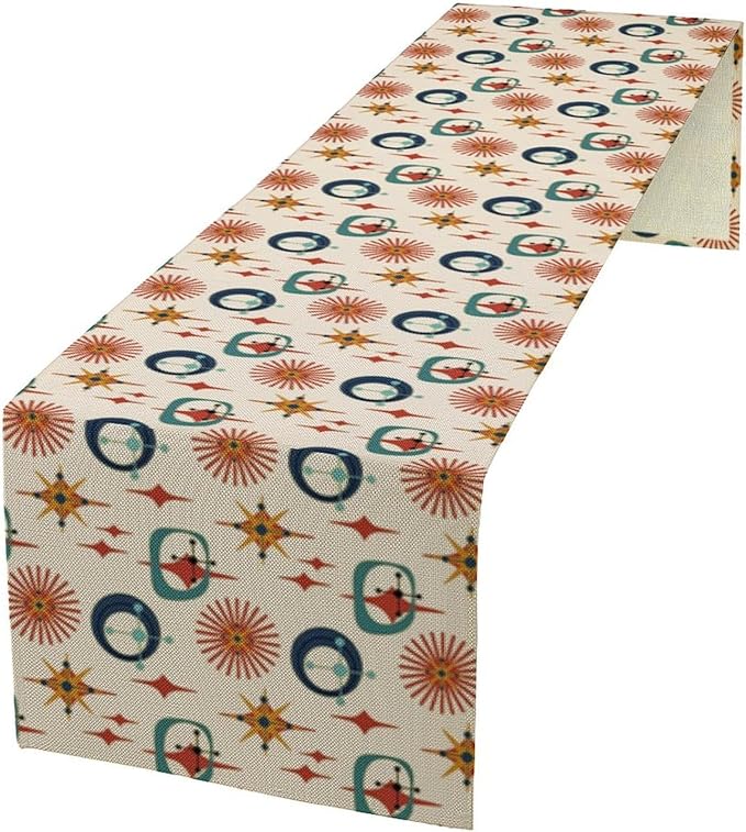 Mid Century Table Runner Retro Abstract Atomic Starbursts Boho Geometric Art Printed Dinner Runner for Home Kitchen Dining Table Decor Fabric 1 Panel W13xL60in