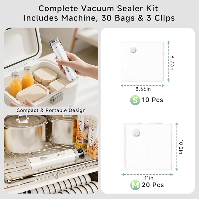 Mehomeli Compact Vacuum Sealer for Food (Vacuum Sealer Machine + 30 Reusable Vacuum Bags), Powerful Handheld Vacuum Sealer Machine, Seal Food 6X Fresh Longer, Portable & Wireless, Easy-Clean