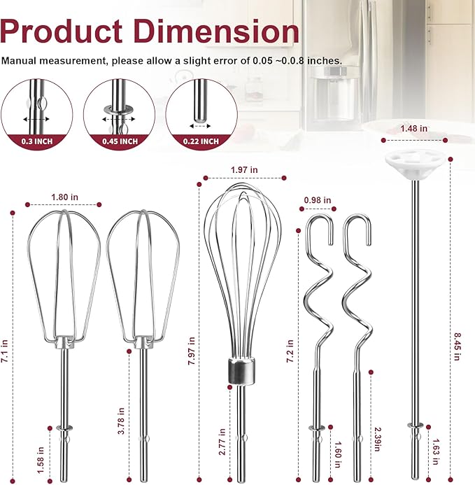 Hand Mixer Attachments Beater, Whisk, Blending Rod and Dough Hooks, Stainless Steel Hand Mixer Accessories Compatible with Kitchenaid Hand Mixers KHM3 KHM5 KHM7 KHM9, Set of 6