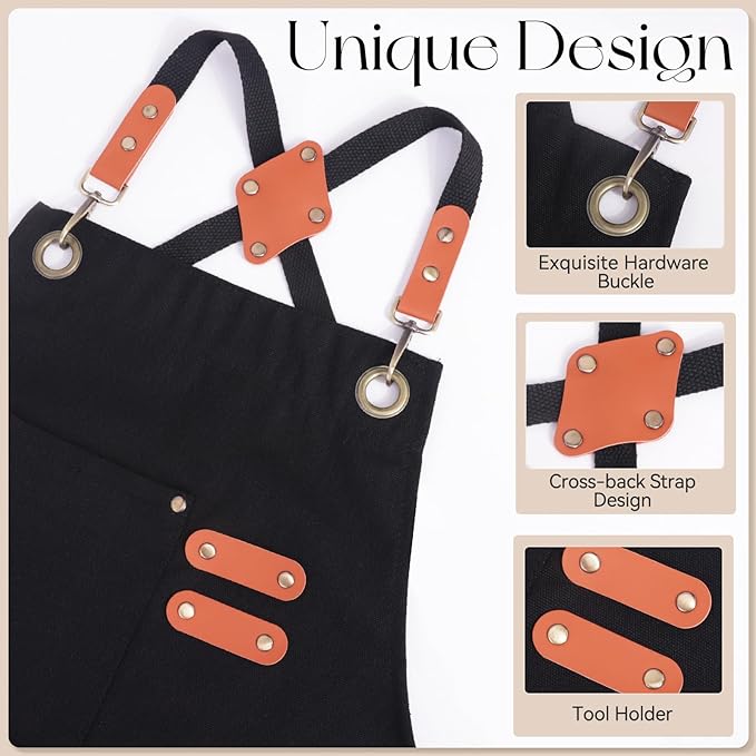 Chef Aprons for Men Women with Large Pockets, Cotton Canvas Water Repellent Kitchen Apron for Cooking