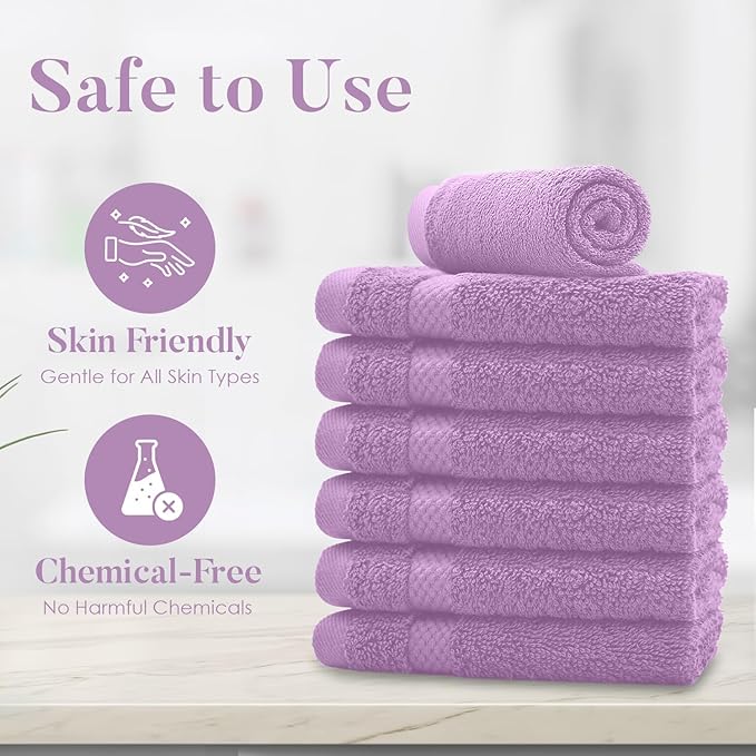 DAN RIVER 12-Pack Premium 100% Cotton Lavendar Face Towels for Bathroom - Reusable Face Wash Cloths for Showering 12x12 Inches - 550 GSM Super Soft & Absorbent Luxury WashCloths for Body, Spa & Gym