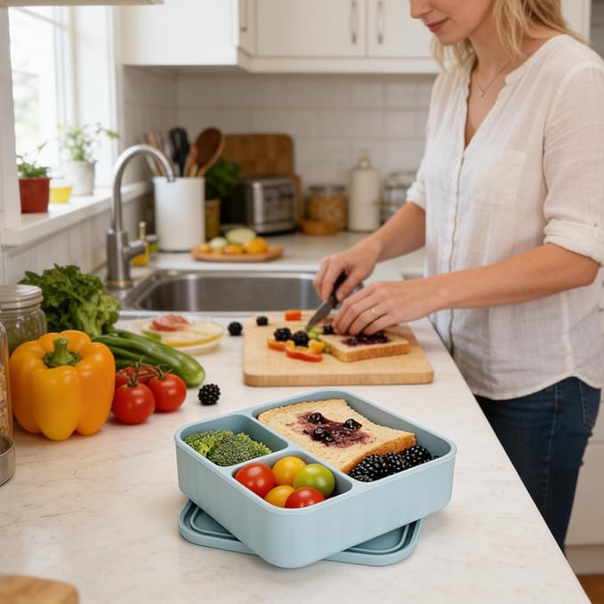 Silicone Bento Box Adult Lunch Container, 3 Compartment Container, Food Grade Silicone Bento Lunch Box for Work Travel Meal Prep, Leak-proof Food Storage Container（1 Pack Nile Blue）