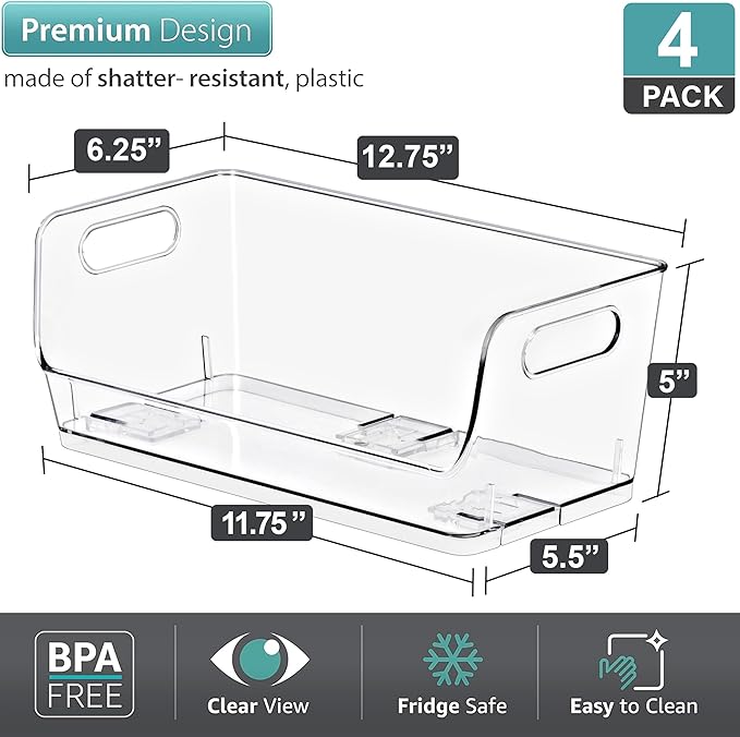 Sorbus Stackable Storage Bins Open Front, Clear Stackable Storage Bins, Pantry Bins for Storage and Organization, Acrylic Stackable Bins for Kitchen, Clear Pantry Organizer Bins (Small Wide 4 Pack)