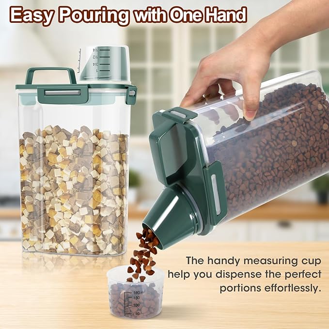 TBMax Small Dog Food Storage Container 3 Qt with Cat Food Can Cover and Mixing Spoon, Portable Travel Pet Food Dispenser with Large Spout and Cup -Bottle Green