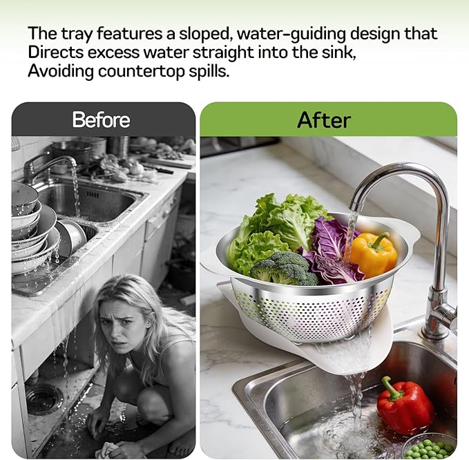 Stainless Steel Colander for Kitchen Pasta Rice Strainer for Spaghetti Fruit Cooking Food 3 Pcs Set Metal Mesh Strainers and Colanders(2QT, 3QT, 5QT),Dishwasher Safe,with Over-Sink Water Draining Base