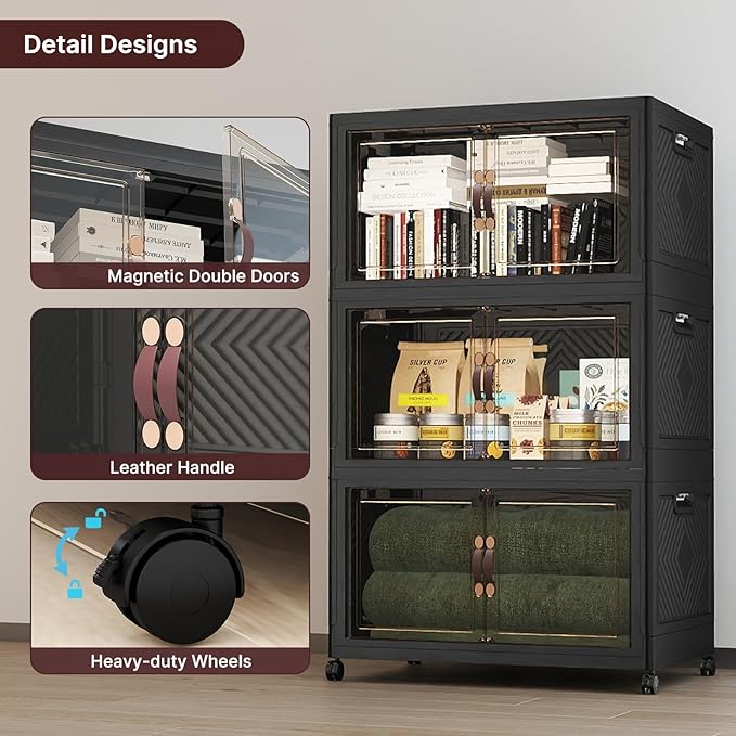 UAMFURI Stackable Storage Bins with Lids, 540QT Lockable Storage Cabinet, Foldable Storage Box with Doors and Wheels, Plastic Drawers for Home, Garage, Office (3, Black, Extra Large)