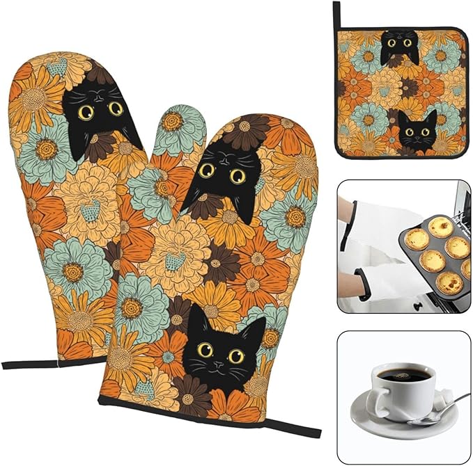 Black Cat Oven Mitts Heat Resistant Set of 3, Retro Orange Floral Oven Gloves and Hot Pads for Cooking Baking Grilling BBQ, Cat Lover Gifts for Women Baker, Cute Kitchen Mitts